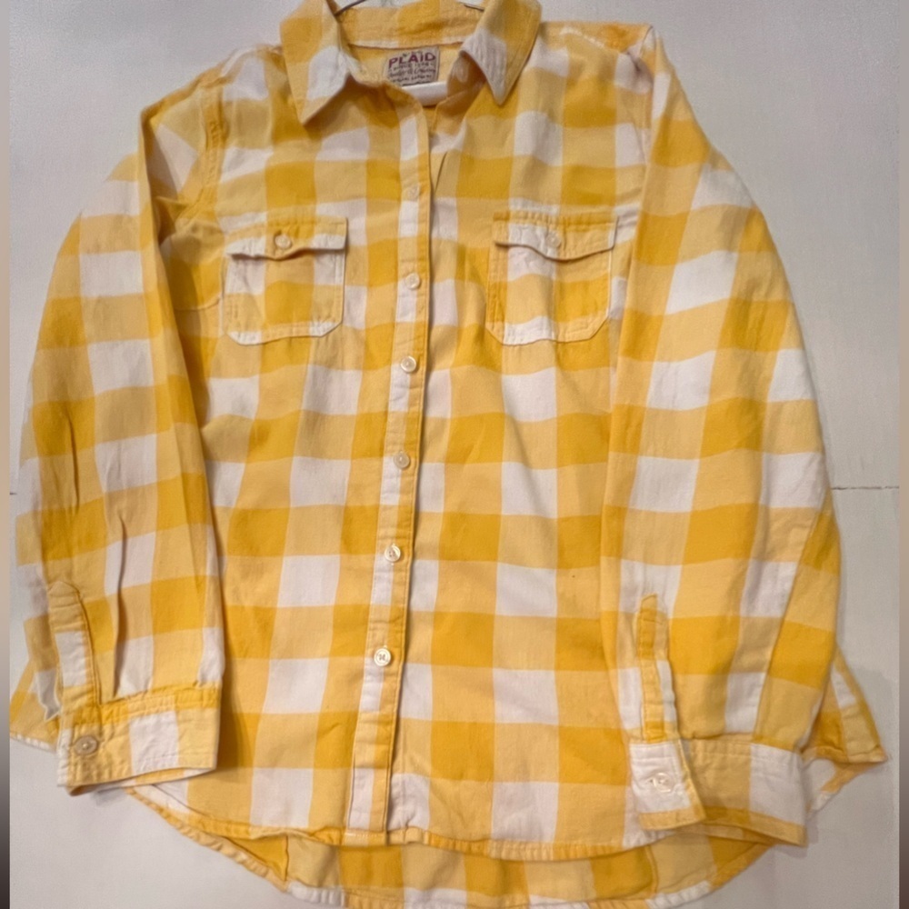 OLD NAVY PLAID - BRIGHT YELLOW & WHITE PLAID LONG  SLEEVE SHIRT BOYS LARGE 12-14